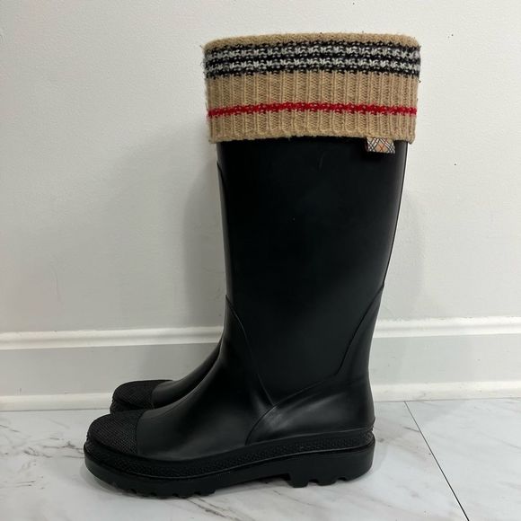 Burberry Shoes - Burberry Knit Top Trim Black Rubber Rain Boots Size 9.5 US